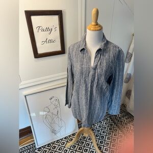 Chico's Navy, White and Gold Striped Button Down Shirt